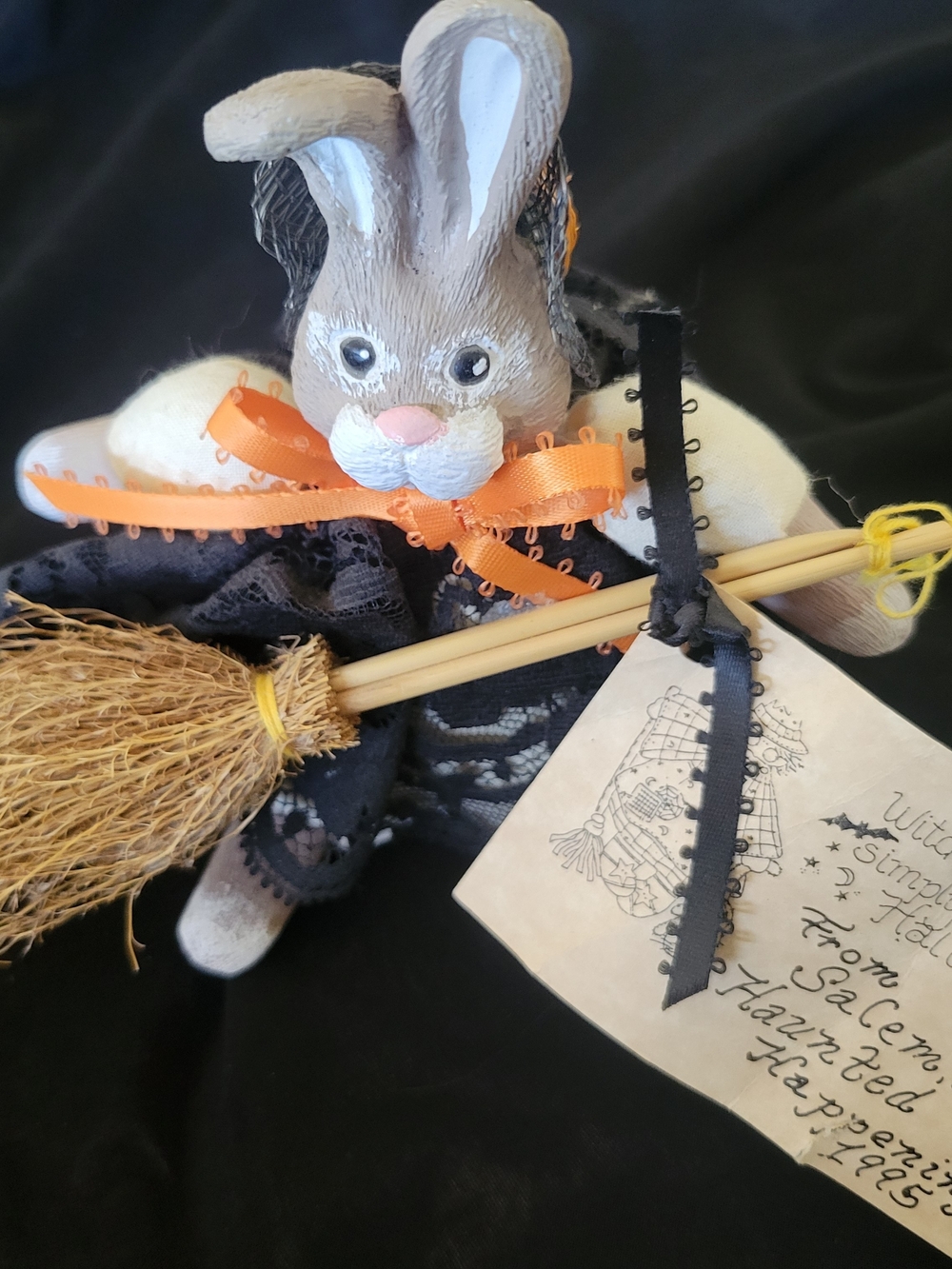 Vintage Handmade Witch Bunny Figurine with Broom Salem MA